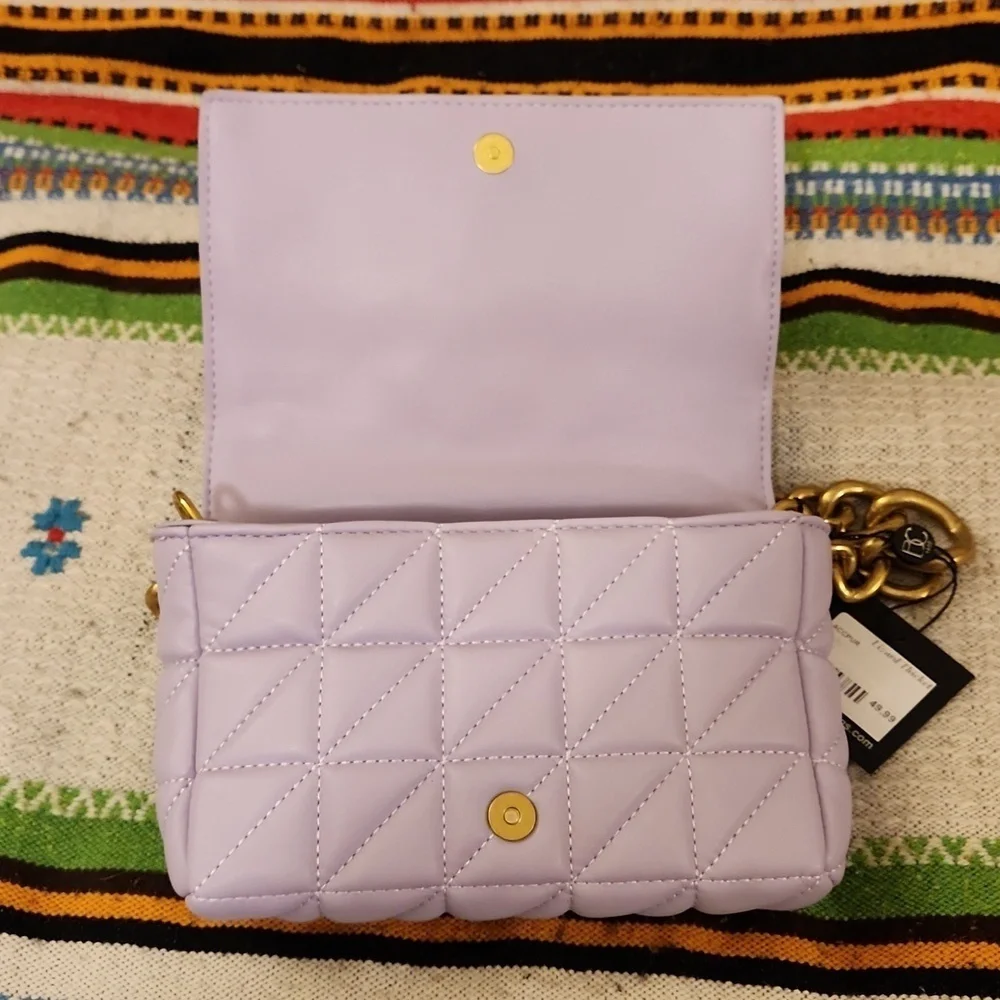 Vegan Leather Quilted Lilac Purple Mini Shoulder Bag with Heavy Brass Chain NWT